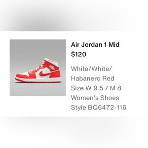 Air Jordan 1 mid habanero red, women’s size 9.5, good condition.